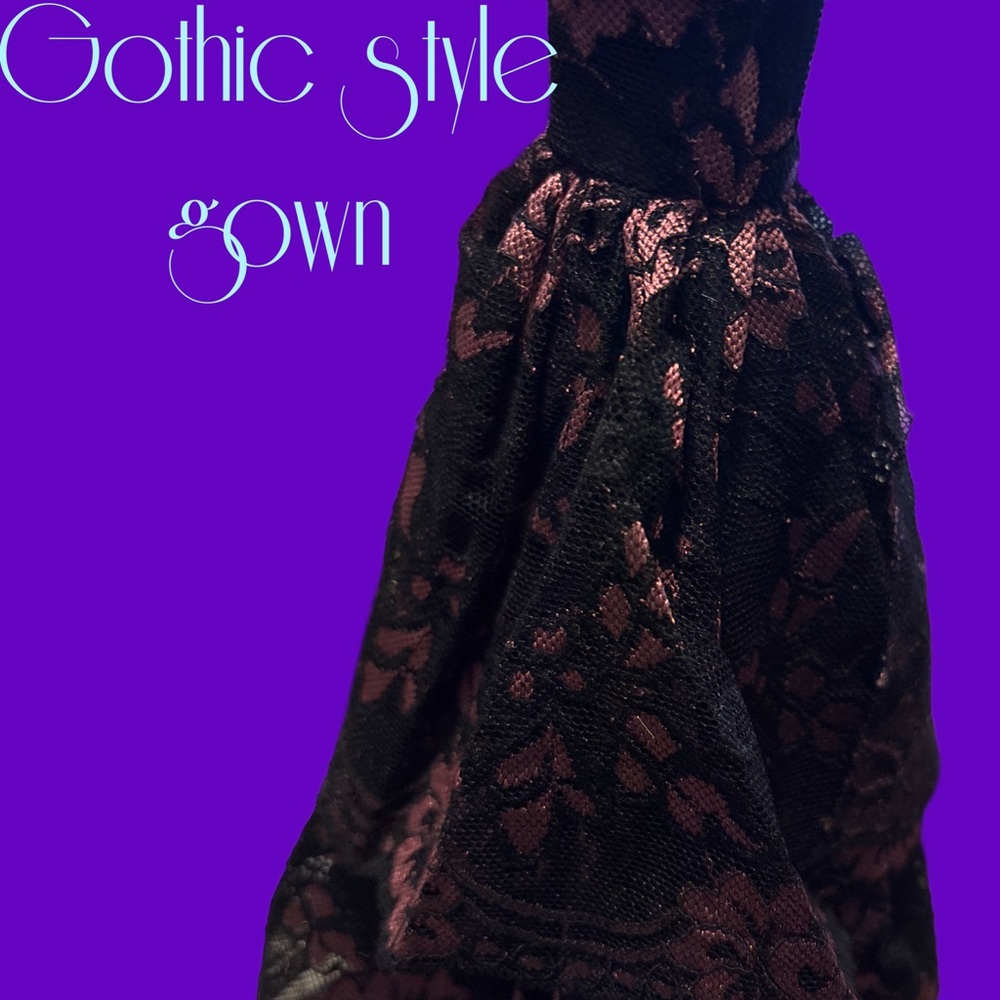 Gothic Mourning Gown for Dolls Elegant Black and Pink Lace Skirt - Picture 2 of 13